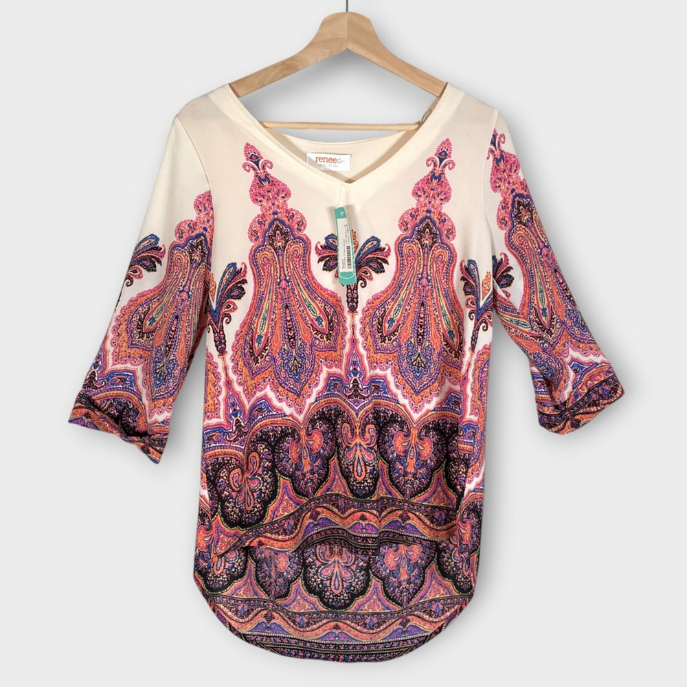 ☃️❄️ Stitch Fix Renee C Top MEDIUM Boho V-neck Cream Pink Longer in Back NEW
